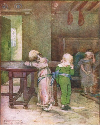 Sie nahm sein blaues Taschentuch und band Lucy und Henry an den Tisch (aus der Geschichte Ein unglücklicher Tag), Illustration aus Eine Treppe von Geschichten, veröffentlicht von Thomas Nelson & Sons Ltd 1940er Jahre (farbig) von Evelyn Beale