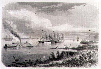 Ein Dampfer und ein Schlepper auf dem Mississippi, graviert von Stephane Pannemaker (1847-1930) von Evremond de (after) Berard