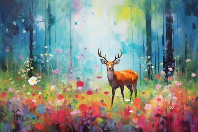 Ein Hirsch in der Natur und Waldbäume, leuchtende Farben, Leinwanddrucke von F. Abderrahim