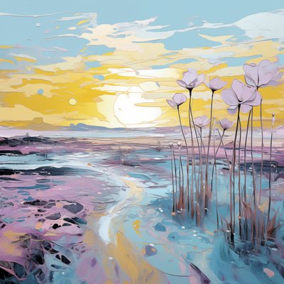 Abstrakte lila Blumen in Sonnenuntergangslandschaft von F. Abderrahim