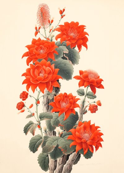 Abstrakter Kaktus mit Blumen, japanischer Holzschnitt, gerahmte Wandkunst von F. Abderrahim