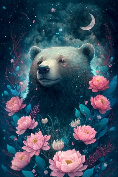 Bär in einer Fantasietraumlandschaft, umgeben von Blumen von F. Abderrahim