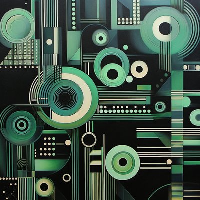 Komplexes geometrisches Gemälde auf dunklem schwarzen Hintergrund, Kunstdrucke von F. Abderrahim