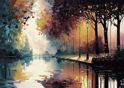 Expressives Gemälde eines Gartens mit einem Bach im Herbst von F. Abderrahim