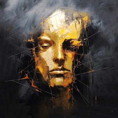 Porträt eines Mannesgesichts auf schwarzem abstraktem Hintergrund, Kunstdrucke online von F. Abderrahim