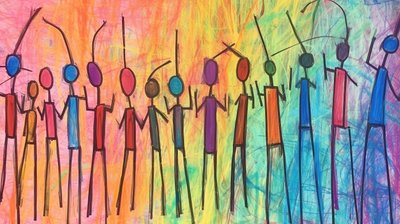 Primitives Gemälde einer Menschenmenge (minimalistisches Porträt) von F. Abderrahim