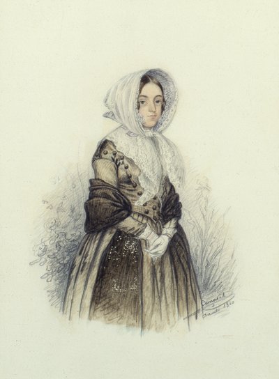 Porträt einer jungen Dame mit Haube und weißen Handschuhen von F. Camaret