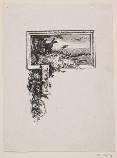 Initialvignette. "J" mit einem Adlernest von F. Hendriksen