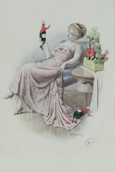 Postkarte mit einer Frau und Champagnerflaschen in Form von Männern, ca. 1900 von F. Kuderna