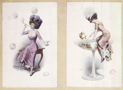 Postkarten, die eine Frau zeigen, die Seifenblasen bläst und in einem Champagnerglas fischt, ca. 1900 von F. Kuderna
