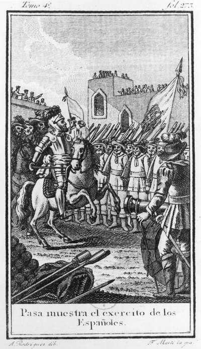 Hernando Cortes (1485-1547) überprüft seine Truppen, graviert von Antonio Rodriquez von F. Marti