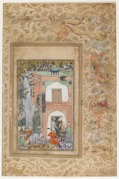 Babur unterhält sich im Palast von Sultan Ibrahim Lodi, abgelöstes Blatt aus einer verstreuten Kopie des Baburnama (Tuzuk-i Baburi) von Zahir-al-Din Muhammad Babur, ca. 1585 von Farrukh Beg