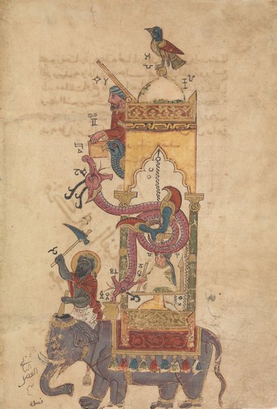 Die Elefantenuhr, Folio aus einem Buch des Wissens über geniale Mechanik, A.H. 715 A.D. 1315 von Farrukh ibn Abd al Latif