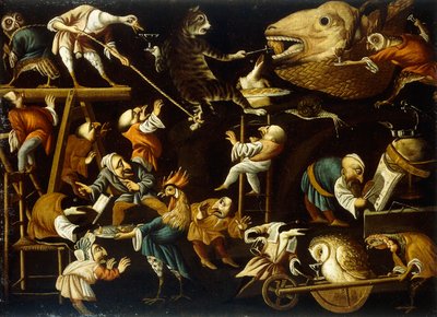 Imaginäre Tiere und Zwerge kämpfen, trinken und feiern von Faustino Bocchi or Boccasi
