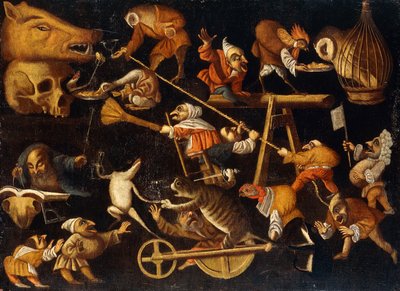 Imaginäre Tiere und Zwerge kämpfen, trinken und feiern von Faustino Bocchi or Boccasi