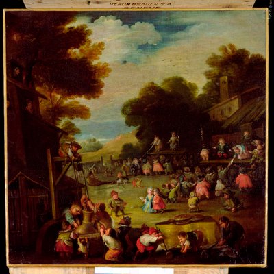 Pygmäen auf einem Jahrmarkt, Wasser aus einem Brunnen schöpfend im Vordergrund und Theateraufführungen beobachtend im Hintergrund von Faustino Bocchi or Boccasi