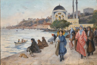 Mafalda am Ufer des Bosporus, die Dolmabahce-Moschee im Hintergrund von Fausto Zonaro
