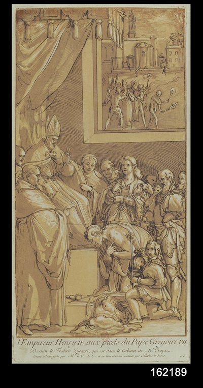 Kaiser Heinrich IV. (1050-1106) zu Füßen von Papst Gregor VII. (1020-85), graviert von Nicolas Le Sueur (1691-1764) von Federico Zuccari or Zuccaro