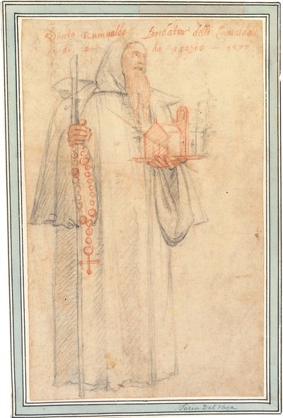 Fra Stefano, Prokurator der Kamaldulenser in Vallombrosa, als Heiliger Romuald, hält ein Modell einer Kirche und einen Rosenkranz, 1577 von Federico Zuccaro