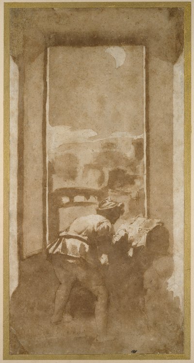 Mann, der bei Mondschein aus dem Fenster eines Hauses zeichnet (Feder und Tinte mit Waschung auf Papier) von Federico Zuccaro