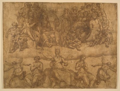 Erlöste Seelen und allegorische Figuren, Studie für das Jüngste Gericht Fresko in der Kuppel des Doms, Florenz von Federico Zuccaro