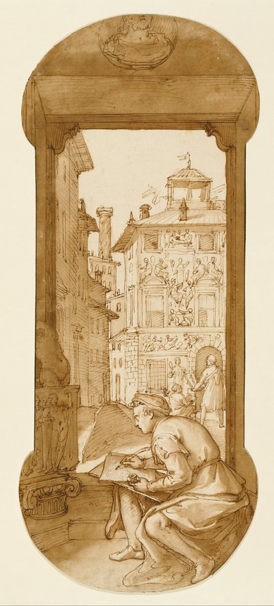 Taddeo zeichnet nach dem Antiken; Im Hintergrund kopiert er eine Fassade von Polidoro von Federico Zuccaro