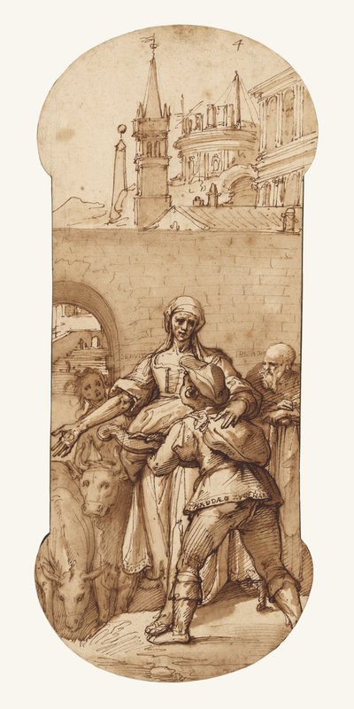 Taddeo am Eingang zu Rom, begrüßt von Mühe, Knechtschaft und Härte sowie von Gehorsam und Geduld (der Esel und der Ochse) von Federico Zuccaro