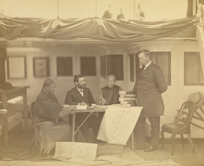 Chinesische Dolmetscher mit Sekretär Drew und Minister Low in der Kabine des US-Flaggschiffs Colorado von Felice Beato