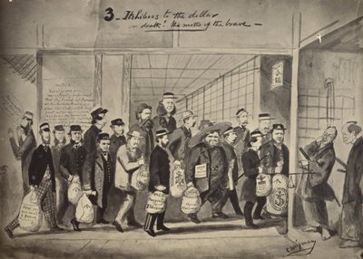 Fotografische Kopie einer Zeichnung von Charles Wirgman mit dem Titel, 3 Itchiboos zum Dollar oder Dea von Felice Beato
