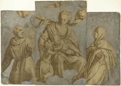 Jungfrau und Kind mit dem kleinen Johannes dem Täufer und den Heiligen Franziskus von Assisi und Klara von Felice Brusasorci