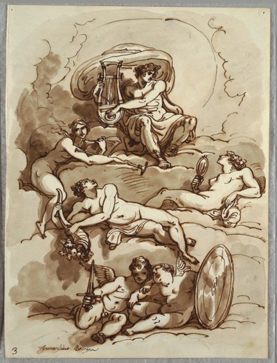 Apollo mit Lyra, Ruhm, Überfluss, Schönheit und zwei Putti auf Wolken, Studie nach Marcantonio Franceschini von Felice Giani
