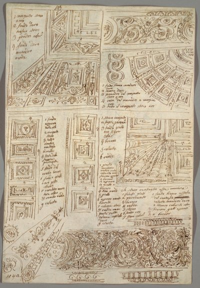 Vier dekorative Studien von Decken; Verso: Anatomische Studien von Felice Giani
