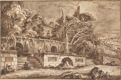 Landschaftscapriccio mit der Villa d’Este in Tivoli, Pulcinellas und weiteren Figuren von Felice Giani