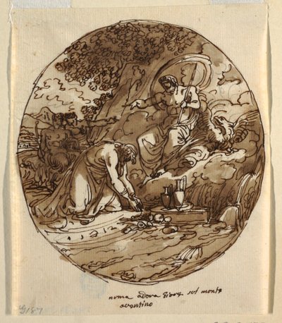 Numa Pompilius betet Jove auf dem Aventin an, Deckengestaltung für die Sala di Numa Pompilius, Palazzo Milzetti, Faenza von Felice Giani