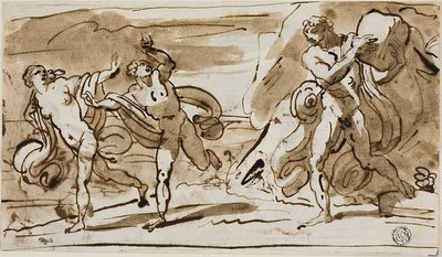 Polyphem wirft Felsbrocken auf die fliehenden Aeis und Galatea (recto); Polyphem spielt seine Rohrpfeifen für Galatea (verso) von Felice Giani