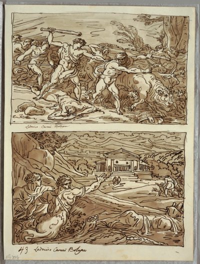Remus vertreibt und tötet die Räuber der Herden; Zufluchtsort für die Flüchtlinge auf dem Kapitol, zwei Studien nach Carracci von Felice Giani
