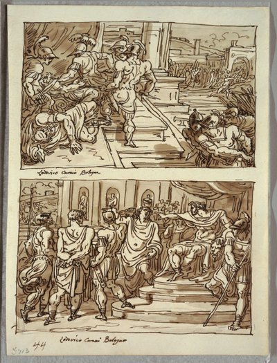 Remus tötet König Amulius; Remus in Ketten vor König Amulius; Zwei Studien nach Carracci von Felice Giani