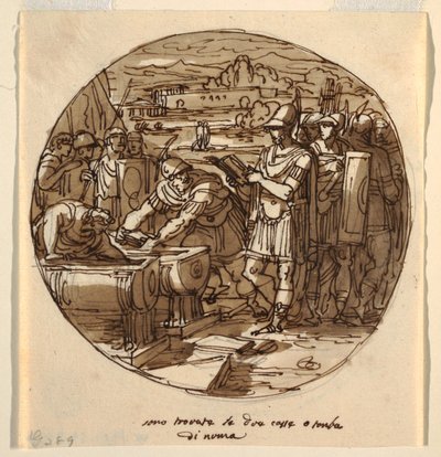 Bücherbergung aus dem Grab von Numa, Sala di Numa Pompilius, Palazzo Milzetti, Faenza von Felice Giani