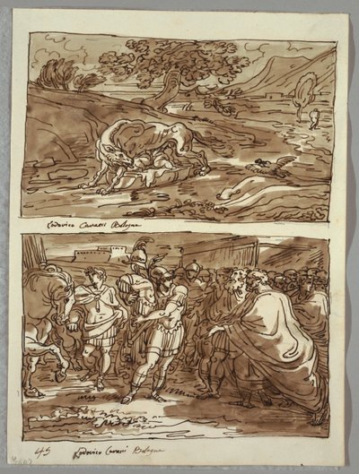 Romulus und Remus von der Wölfin gesäugt; Romulus weiht Jove Feretrius die Beute des besiegten Königs Acronius, Zwei Studien nach Carracci von Felice Giani
