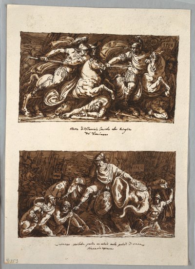 Skizzenbuchseite: Tod des Flaminius in der Schlacht von Trasimeno; Annabelle verliert ein Auge in den Sümpfen von Fiano, Toskana von Felice Giani