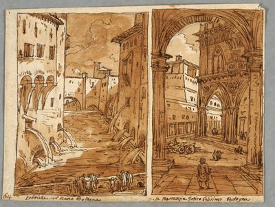 Skizzenbuchseite, Folio 64: Studie nach Bologneser Architektur und Skulptur; Verso: Geometrische Designs von Felice Giani