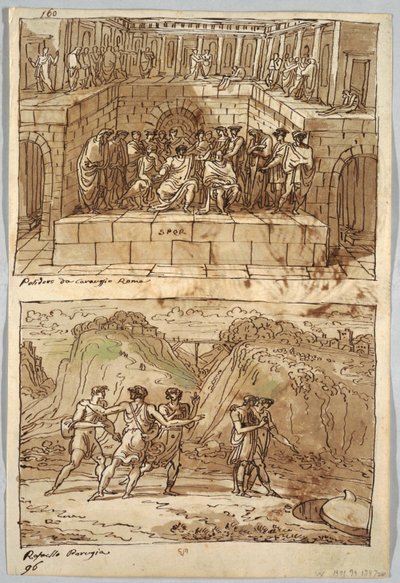 Skizzenbuchseite, Folio 98: Zwei Gemälde nach Caravaggio und Raphael; Rückseite: Adler und Ochse von Felice Giani
