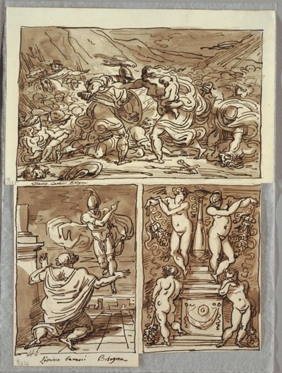 Die Schlacht zwischen den Römern und den Sabinern; Erscheinung des Romulus an Proculus, zwei Studien nach den Carracci; Kandelaber von Felice Giani