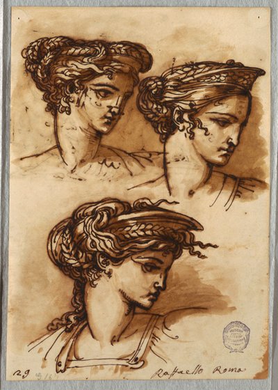 Drei Studien eines Kopfes mit Diadem und geflochtenem Haar, nach Raphael von Felice Giani