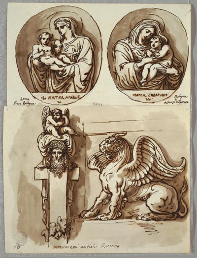 Zwei Zeichnungen der Madonna und des Kindes in Ovalen, Studien nach Giambologna und Alfonzo da Ferrero; Herm und Chimäre, nach Antike von Felice Giani