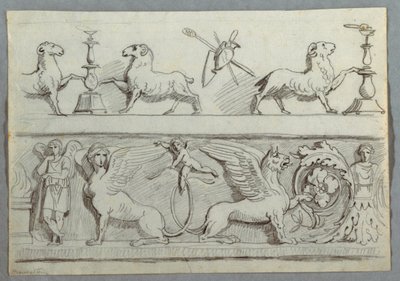 Zwei Friese mit Widdern, Kandelabern, Trophäen und Putti von Felice Giani