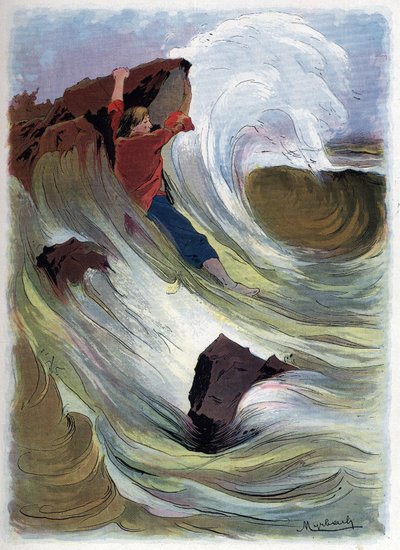 Robinson Crusoe schafft es, sich an einem Felsen festzuhalten. von Felicien baron de Myrbach Rheinfeld