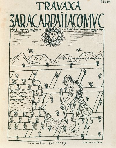 Ein Bauer bewässert sein Feld im November von Felipe Huaman Poma de Ayala
