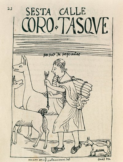 Ein junger Mann hütet Lamas und sammelt Holz (Tuschzeichnung) von Felipe Huaman Poma de Ayala