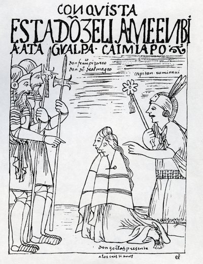 Kapitän Ruminavi präsentiert Francisco Pizarro und Diego de Almagro zwei Frauen von Felipe Huaman Poma de Ayala